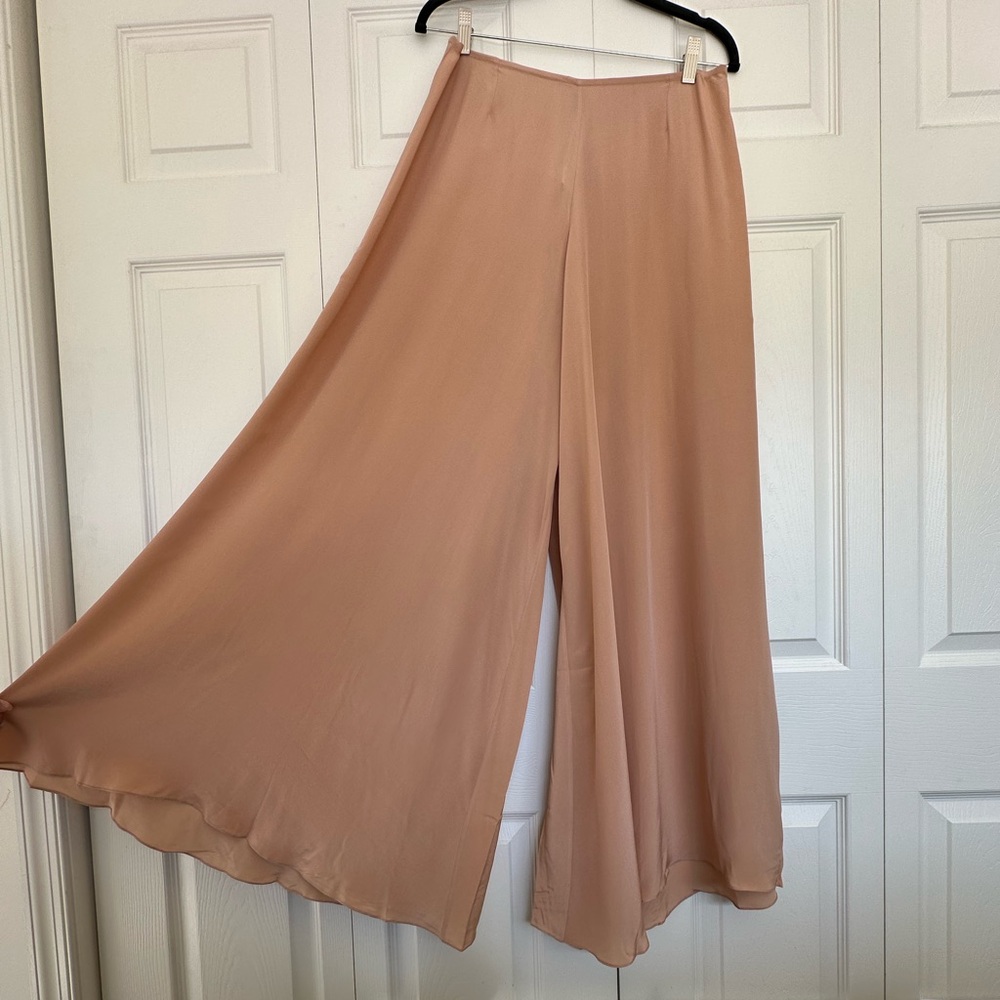 Rosamosario 100% Silk Nude Tan Palazzo Trouser Pant Crystal Button Back XXL